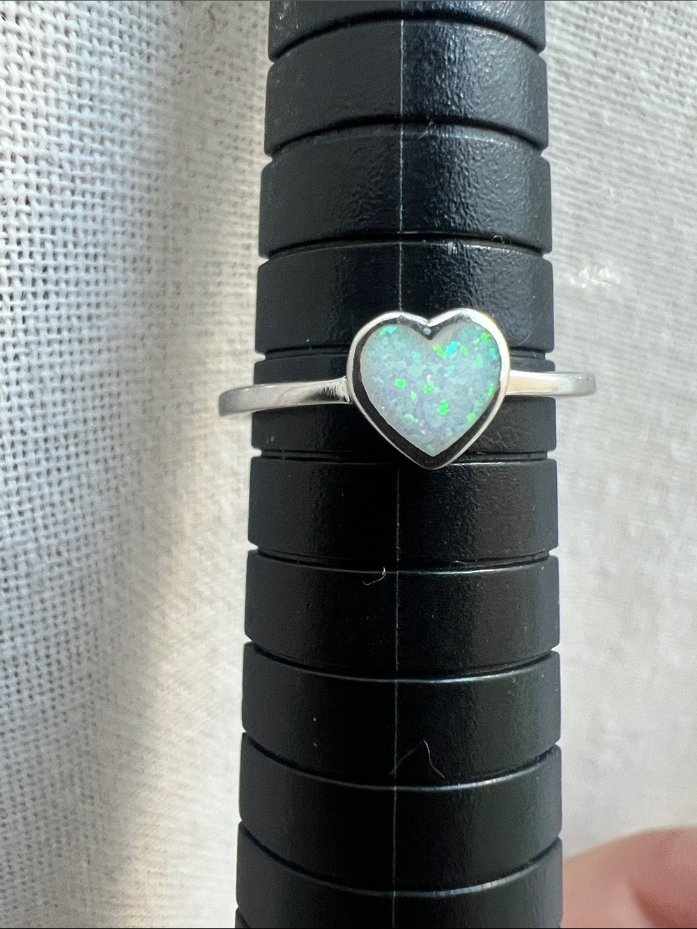 Sterling Silver Heart Opal Ring - White with Green Flash